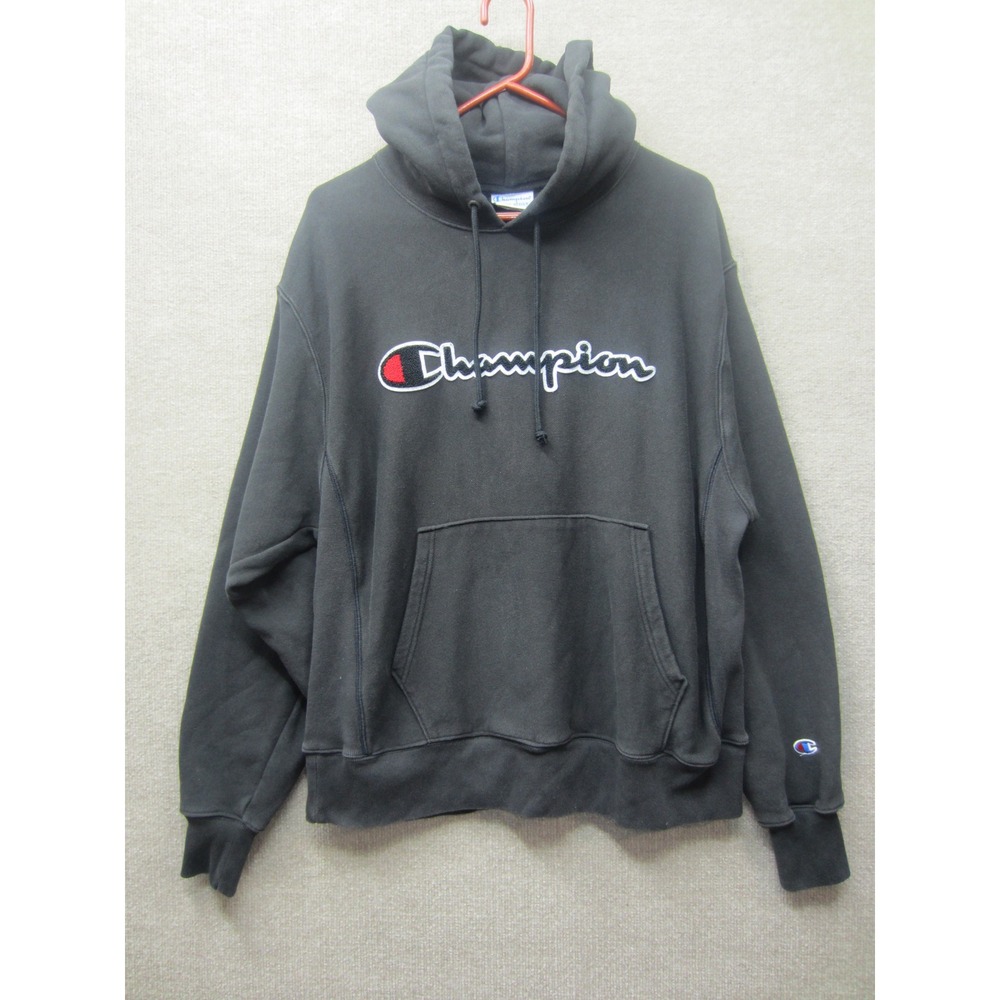 Champion Reverse Weave Mens Large Black Script Logo Chenille Hoodie Sweatshirt